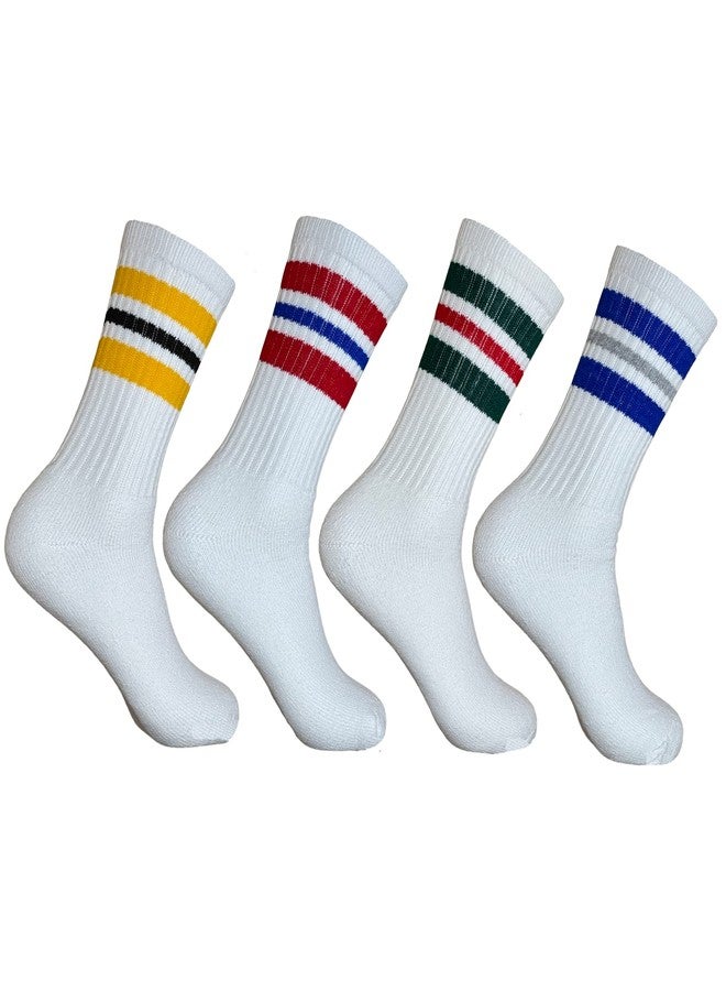 SuNi Apparel Striped Crew Socks - Retro Mens Striped Socks - Stripe Cotton Gym Socks for Men - 4 Pairs Pack Size 10-13 - Image 1